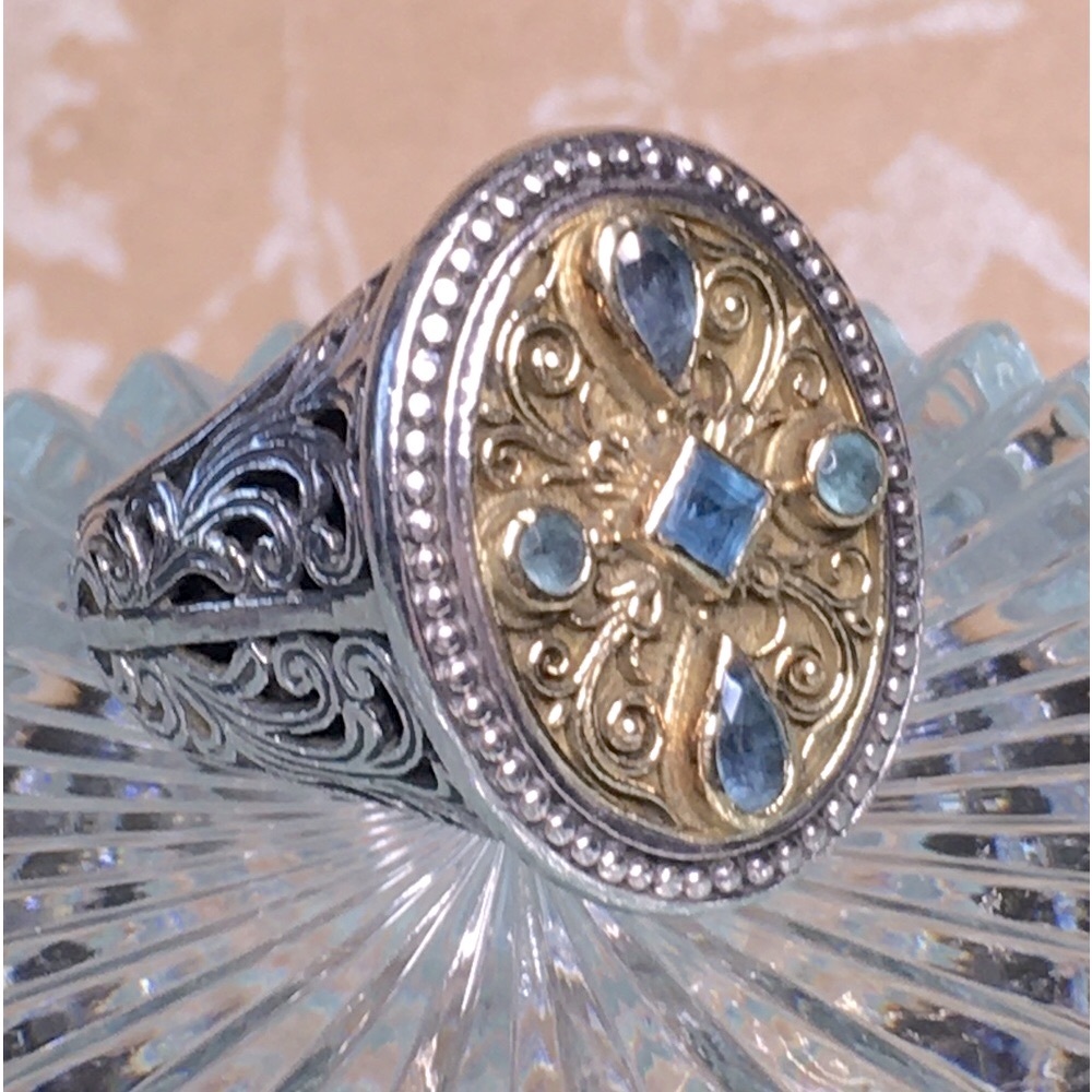 Konstantino Gold and Light Blue Gemstone Oval Filigree Ring - Picture 2 of 10